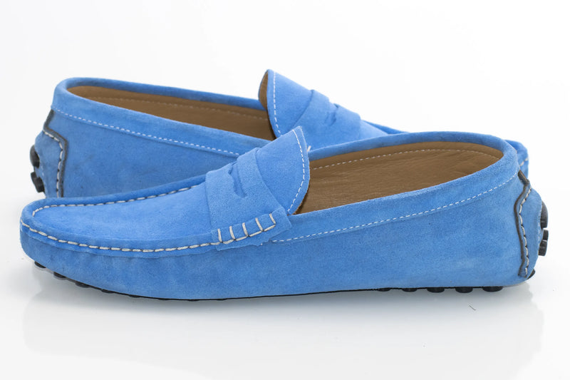 Light Blue Suede Penny Loafer - Quarter, Heel