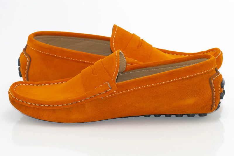 Orange Suede Penny Loafer - Quarter, Heel