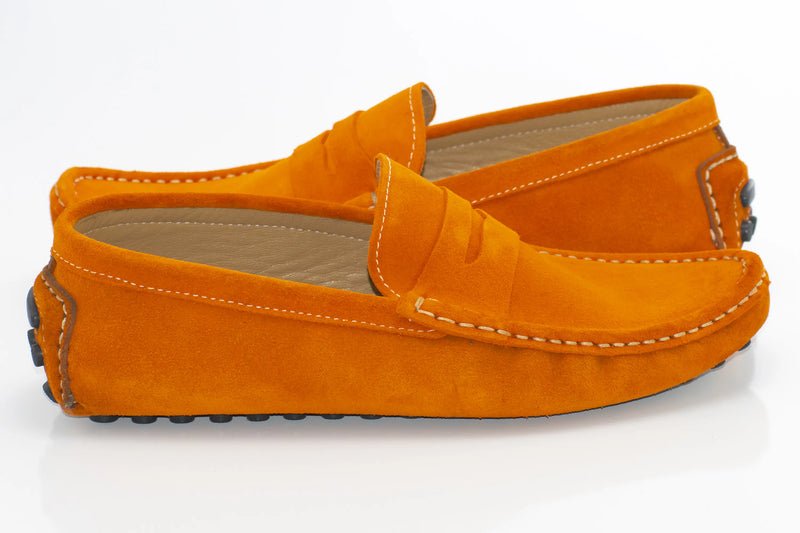 Orange Suede Penny Loafer - Quarter, Heel