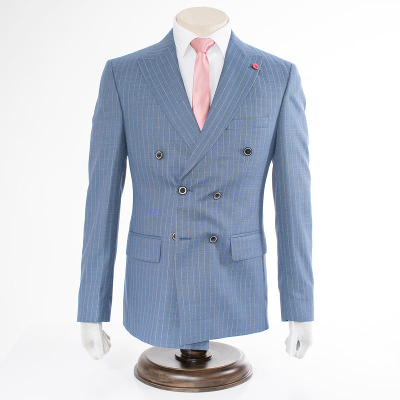 Men's Blue 2-Piece Double-Breasted 6-Button Suit With Pinstripes