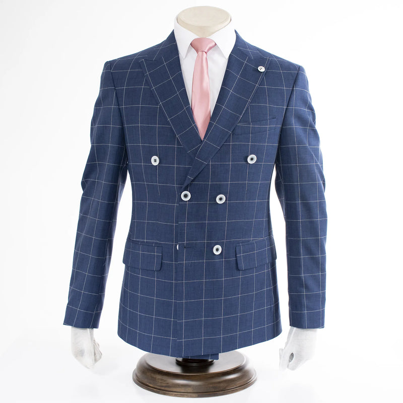 Egyptian Blue 2-Piece Double-Breasted Checked Tailored-Fit Suit