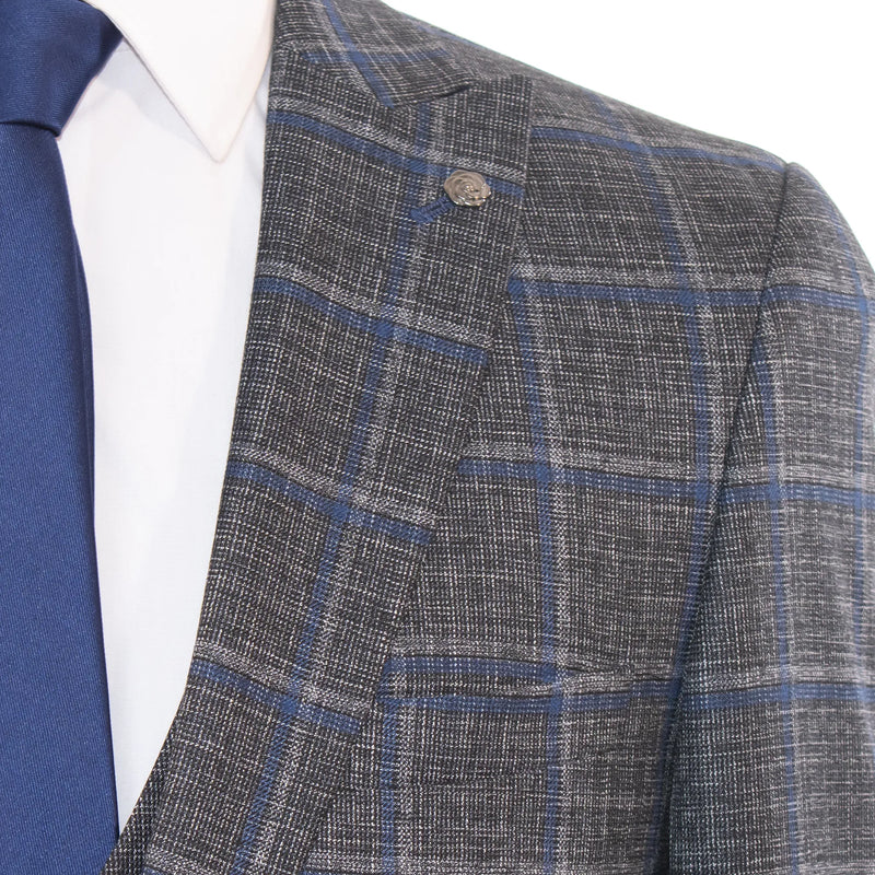 Charcoal And Blue Window Pane Slim-Fit 3-Piece Suit
