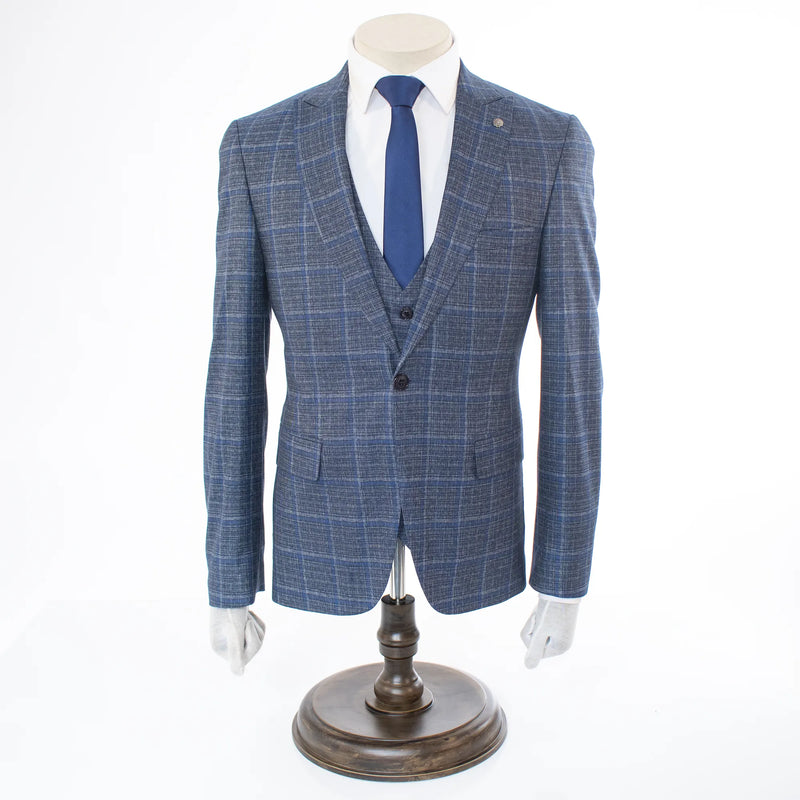 Dark Gray And Blue Plaid Slim-Fit 3-Piece Suit