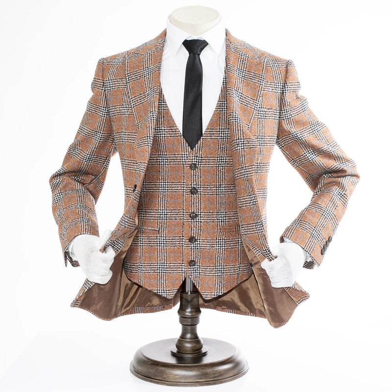 Orange Plaid 3-Piece Tailored-Fit Wool Suit
