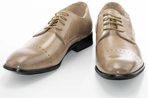 Sand Brown Leather Perforated Derby Lace-Up Dress Shoes
