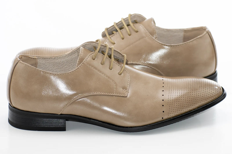 Sand Brown Leather Perforated Derby Lace-Up Dress Shoes