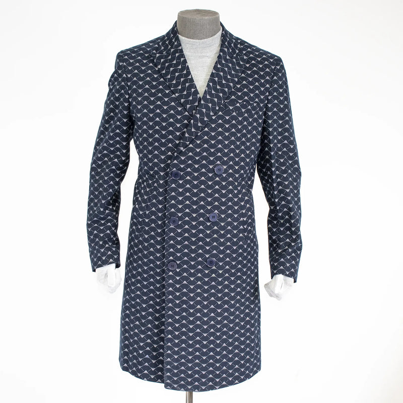Navy Patterned Slim-Fit Overcoat