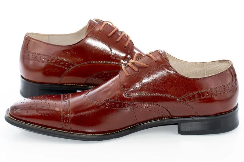 Cognac Leather Cap-Toe Medallion Lace-Up