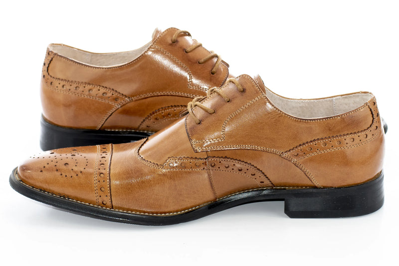 Tan Leather Cap-Toe Medallion Lace-Ups
