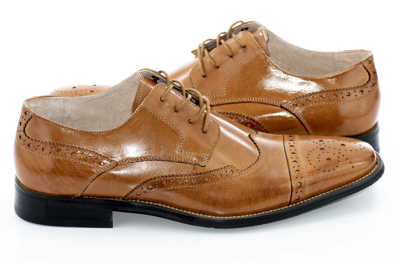 Tan Leather Cap-Toe Medallion Lace-Ups
