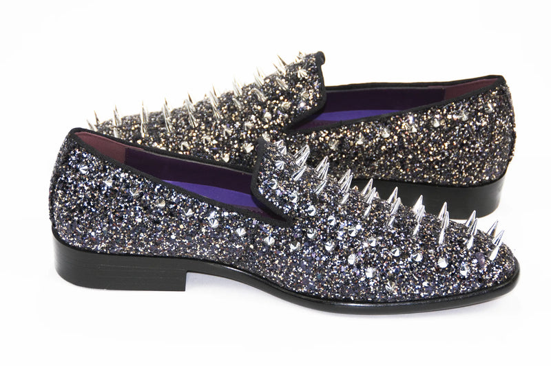 Black Spiked Glitter Smoking Loafer Side