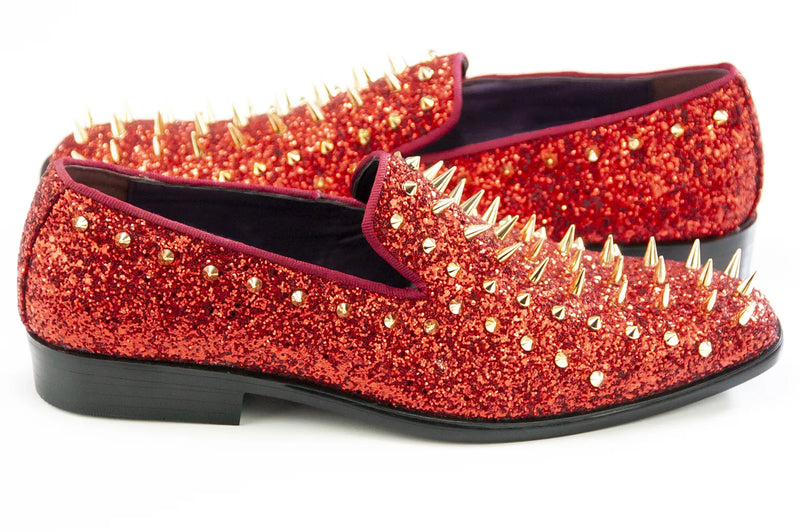 Chili Red Spiked Glitter Smoking Loafer Side