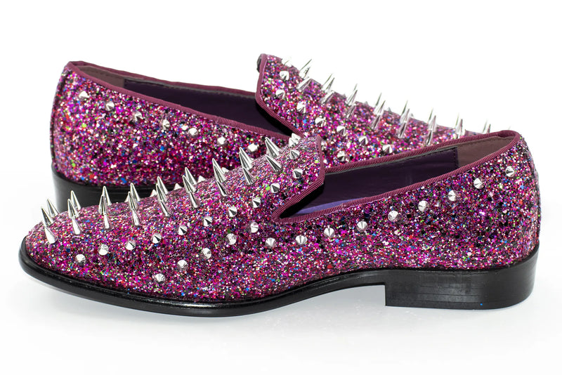 Fuchsia Spiked Glitter Smoking Loafer Side