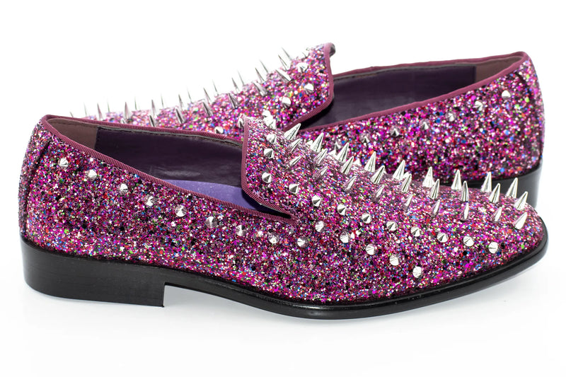Fuchsia Spiked Glitter Smoking Loafer Side