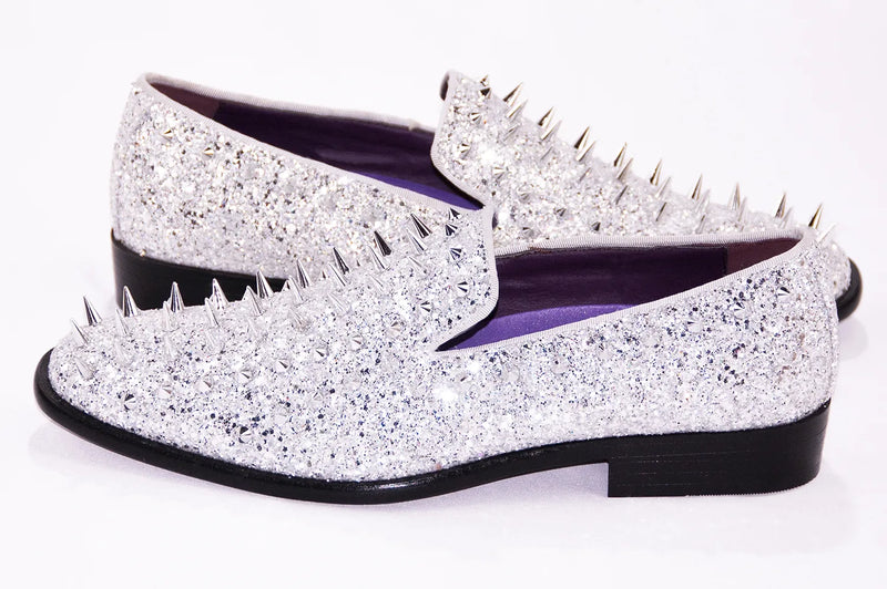 Silver Spiked Glitter Smoking Loafer Side