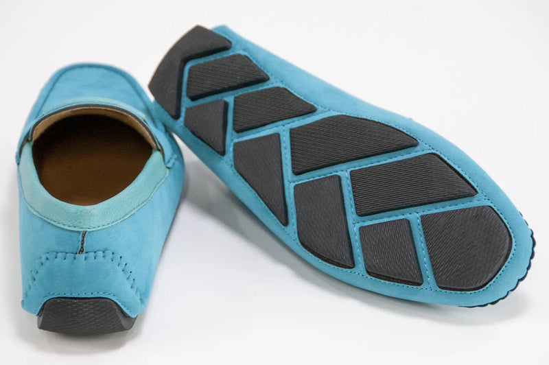 Turquoise Velvet Driver Loafers With Leather Topline
