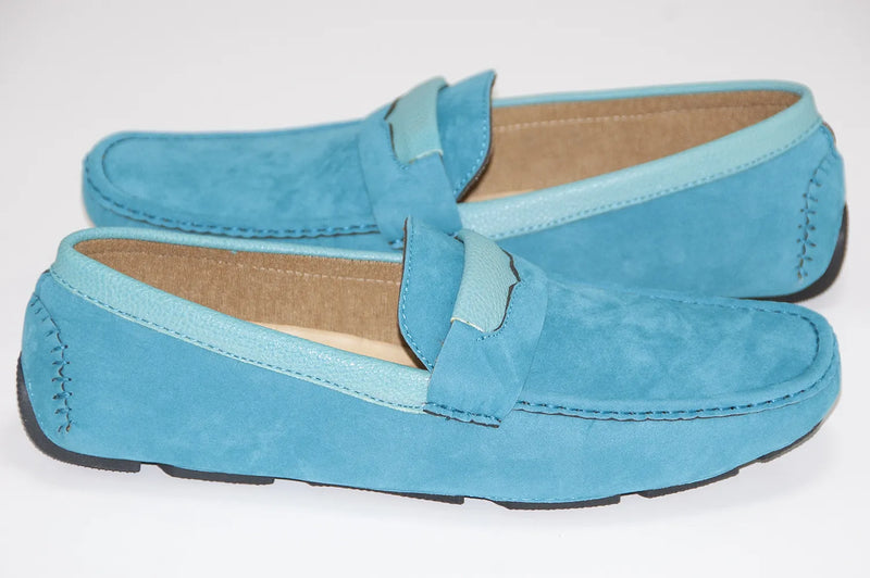 Turquoise Velvet Driver Loafers With Leather Topline