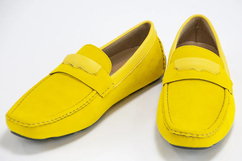 Yellow Velvet Driver Loafers With Leather Topline