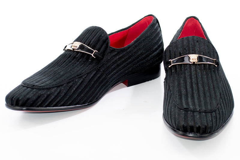 Men's Black Striped Velvet Loafer - Vamp, Toe, Outsole