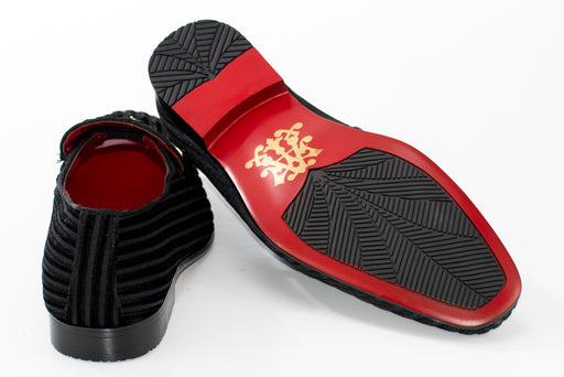 Men's Black Striped Velvet Loafer - Back, Sole