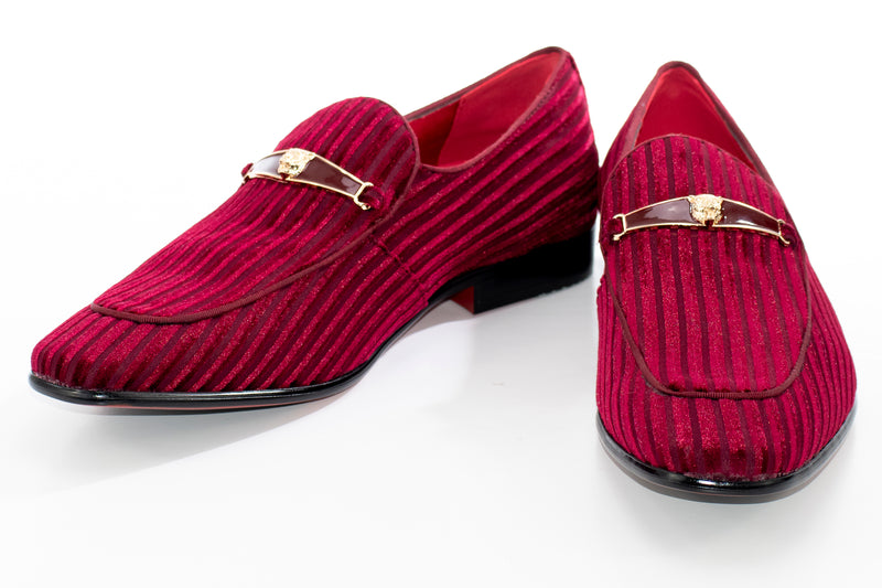 Men's Burgundy Striped Velvet Loafer - Vamp, Toe, Outsole