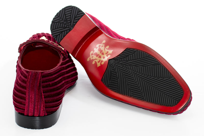 Men's Burgundy Striped Velvet Loafer - Back, Sole