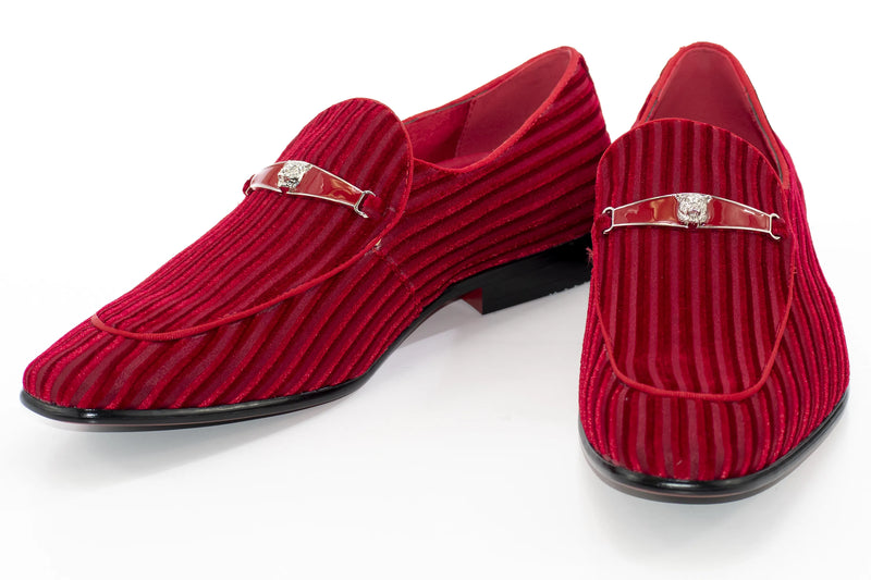 Men's Cherry Red Striped Velvet Loafer - Vamp, Toe, Outsole