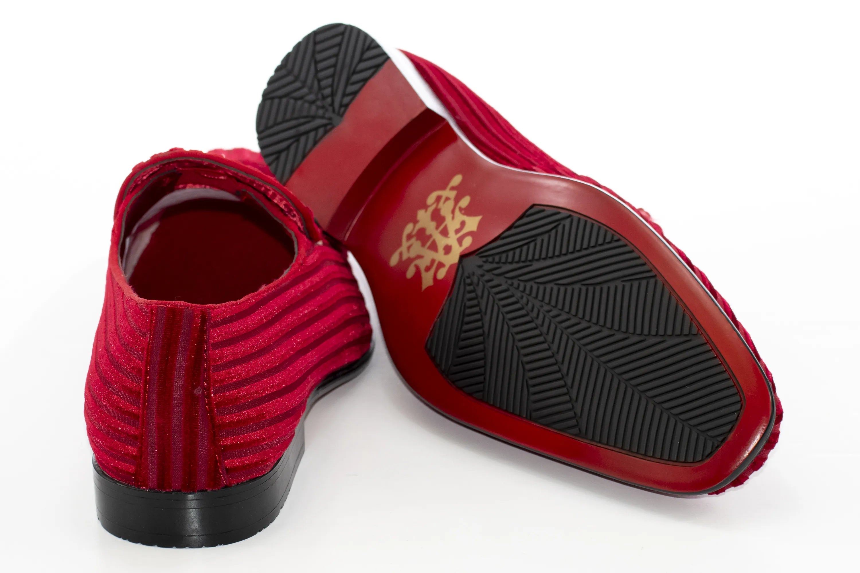 Men's Cherry Red Striped Velvet Loafer - Back, Sole