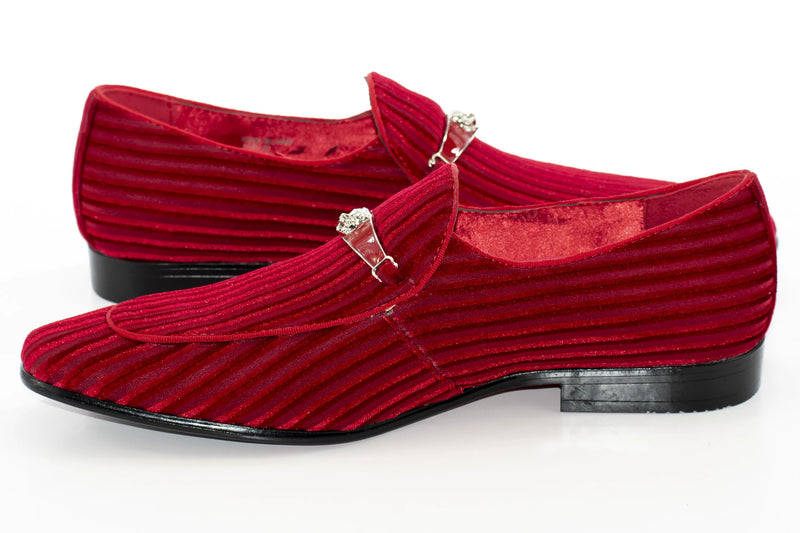 Men's Cherry Red Striped Velvet Loafer - Quarter, Heel