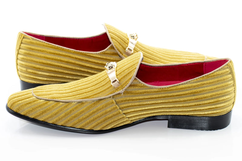Men's Gold Striped Velvet Loafer - Quarter, Heel