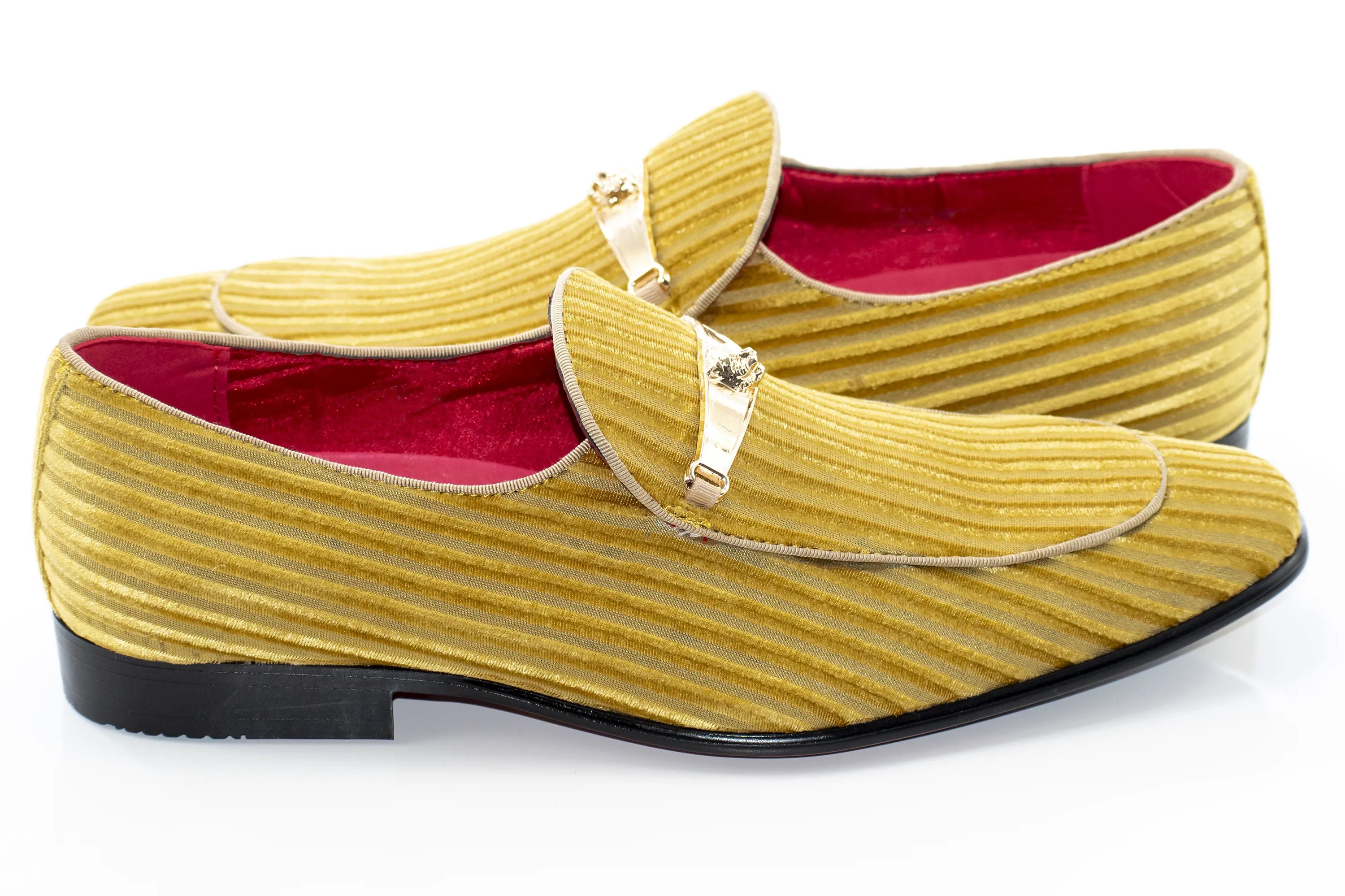 Men's Gold Striped Velvet Loafer - Quarter, Heel