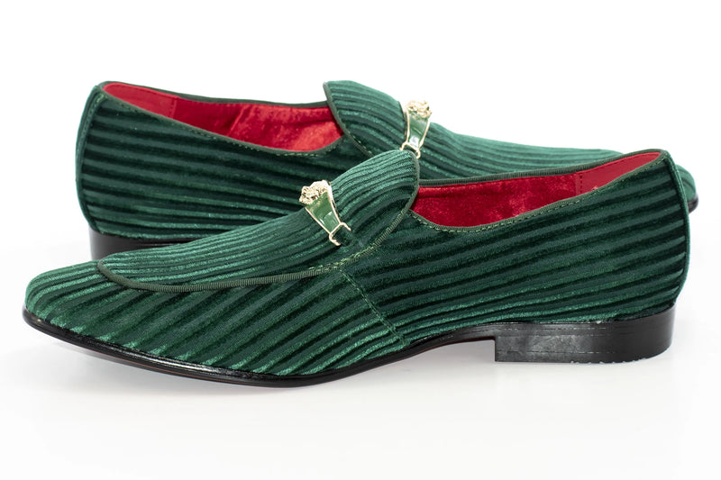 Green Striped Velvet Loafer - Quarter, Heel