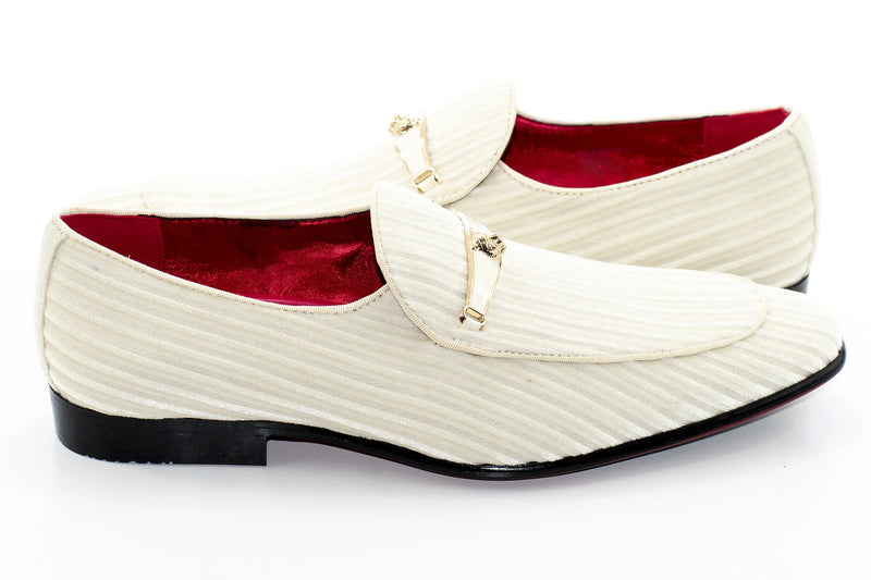 Men's Ivory Striped Velvet Loafer - Quarter, Heel