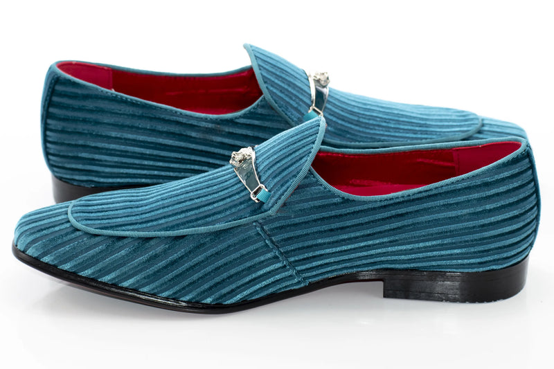 Teal Striped Velvet Loafer - Quarter, Heel