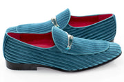 Teal Striped Velvet Loafer - Quarter, Heel