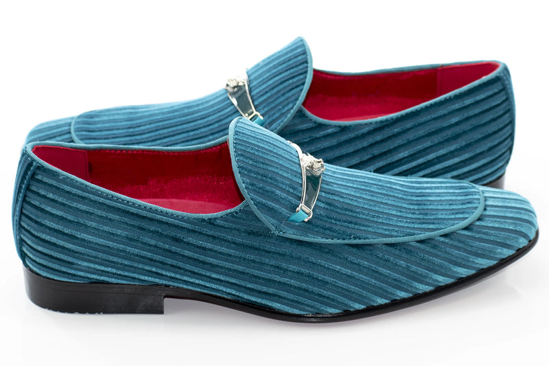 Teal Striped Velvet Loafer - Quarter, Heel