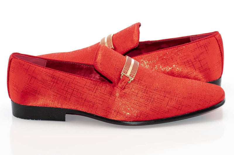 Fire Red Textured Loafer With Rectangular Bit