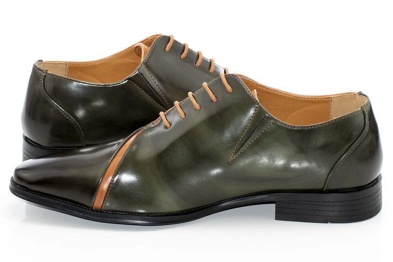 Men's Olive And Tan Leather Open-Lace Dress Shoes