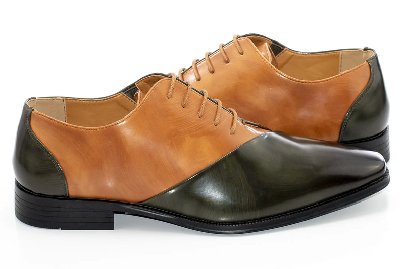 Men's Olive And Tan Leather Open-Lace Dress Shoes