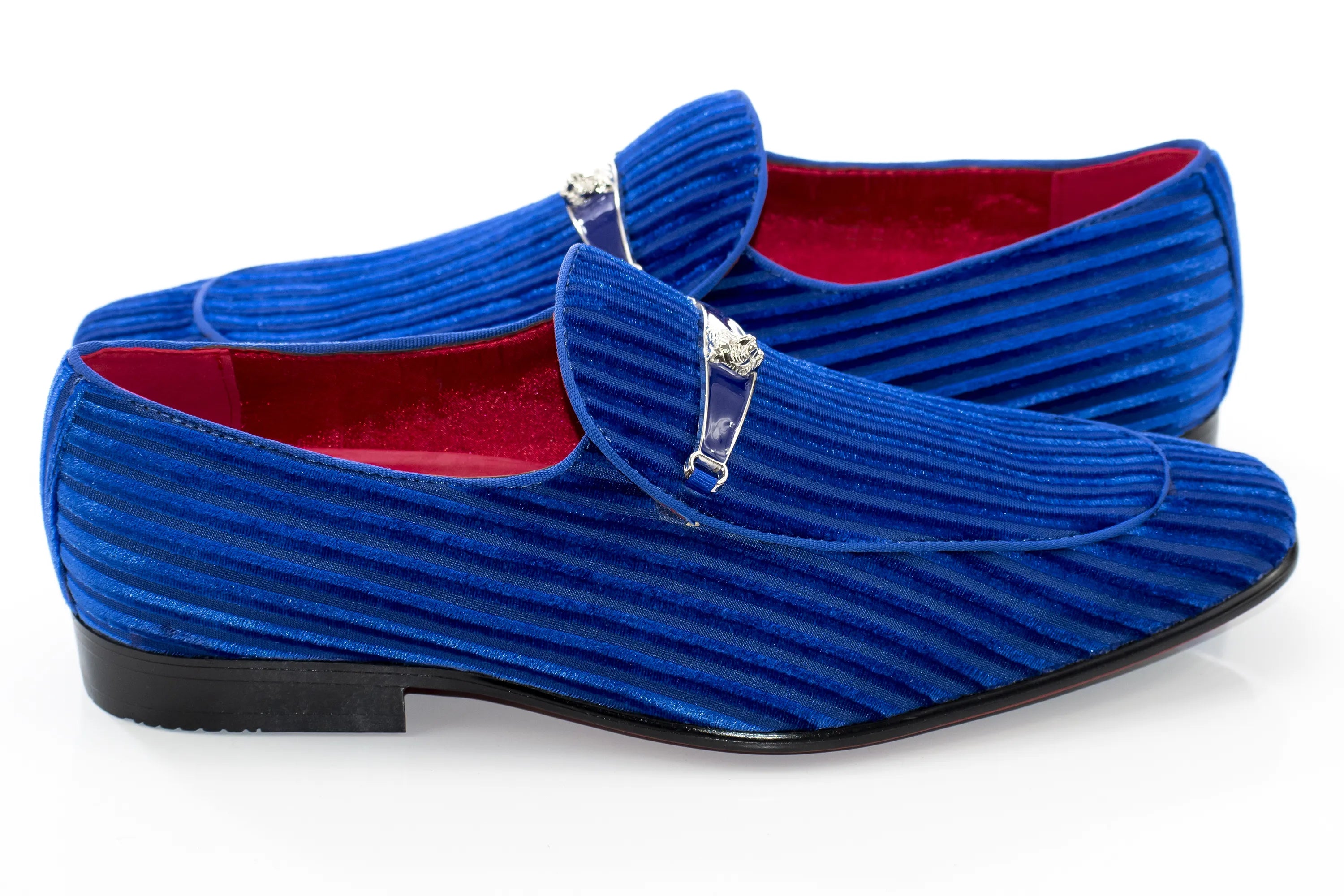 Royal Blue Striped Velvet Loafer - Quarter, Heel