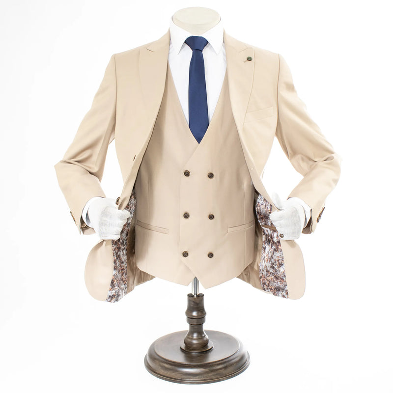 Men's Beige 3-Piece Suit With Double-Breasted Vest