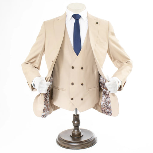 Men's Beige 3-Piece Suit With Double-Breasted Vest