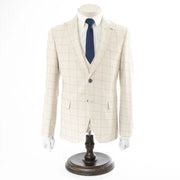 Men's Beige Checked 3-Piece Tailored-Fit Suit - Single Button Closure