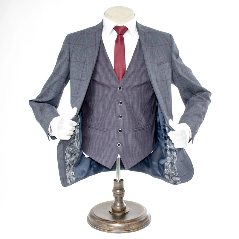 Charcoal And Burgundy Windowpane 3-Piece Slim-Fit Suit