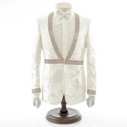 White Damask No Lapel Slim-Fit Tuxedo - Hook Closure, Front