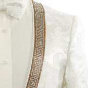 White Damask No Lapel Slim-Fit Tuxedo - Greek Key Rhinestone