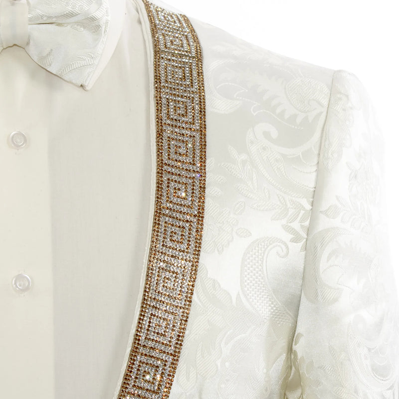 White Damask No Lapel Slim-Fit Tuxedo - Greek Key Rhinestone