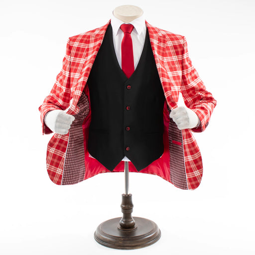 Men's Red And White Plaid 3-Piece Suit With Peak Lapels
