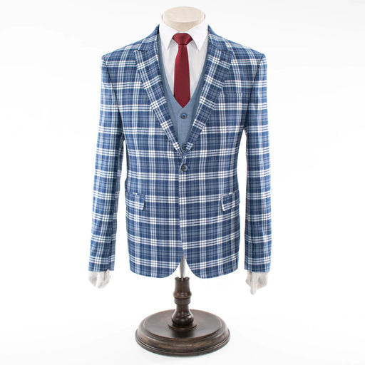 Men's Blue And White Plaid 3-Piece Suit With Peak Lapels