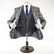 Men's Charcoal Gray Plaid 3-Piece Suit With Peak Lapels